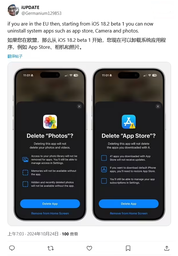 博罗苹果手机维修分享iOS 18.2 支持删除 App Store 应用商店 