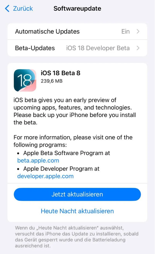 博罗苹果手机维修分享苹果 iOS / iPadOS 18 开发者预览版 Beta 8 发布 